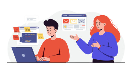Poster - Teamwork and collaboration in programming vector illustration for workplace design