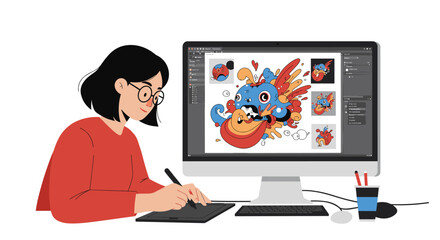 Poster - Creative digital art design scene with artist using drawing tablet for cute character vector illustration