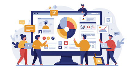 Poster - Team collaboration and project management in digital workspace vector illustration