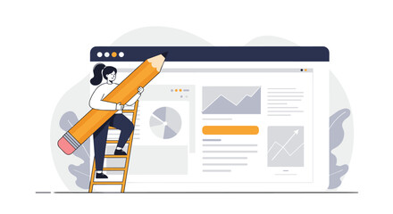 Poster - Business development concept with data analysis and writing in flat vector illustration style