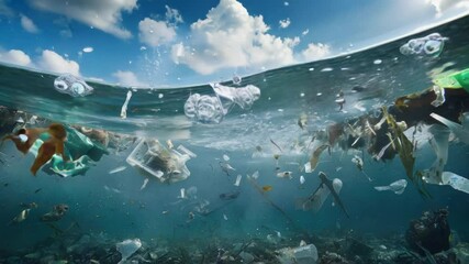 Poster - People swimming amidst marine debris in the ocean, highlighting environmental pollution