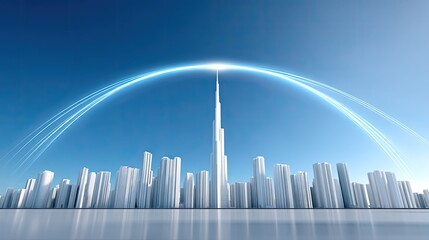 Poster - Futuristic City Skyline with Digital Arcs