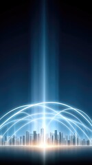 Poster - Futuristic Cityscape Panorama with Glowing Light Arcs