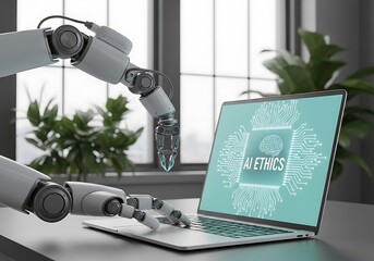 Fototapete - Robotic Arm Interacting with Laptop Displaying AI Ethics Symbol