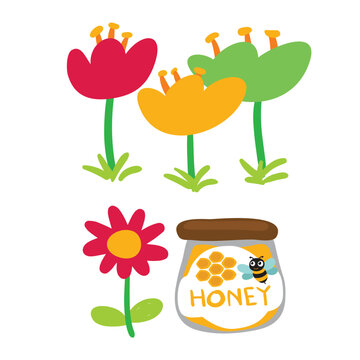 set cartoon bee character with flower honey barrel hive honeycomb vector design