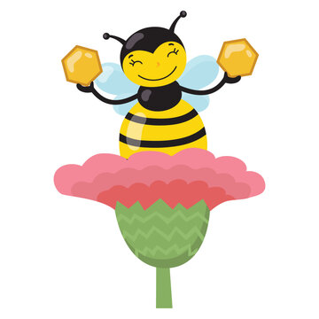set cartoon bee character with flower honey barrel hive honeycomb vector design