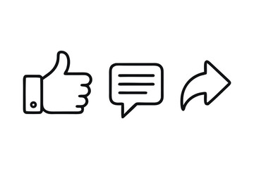 Poster - Clean Black and White Line Art Icons of Like Comment and Share Representing Social Media Interaction and Engagement
