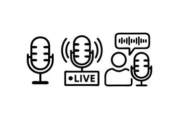 Poster - Podcast Icons Depicting a Solo Microphone, Live Broadcasting, and Audio Communication with a Second Microphone for Emphasis