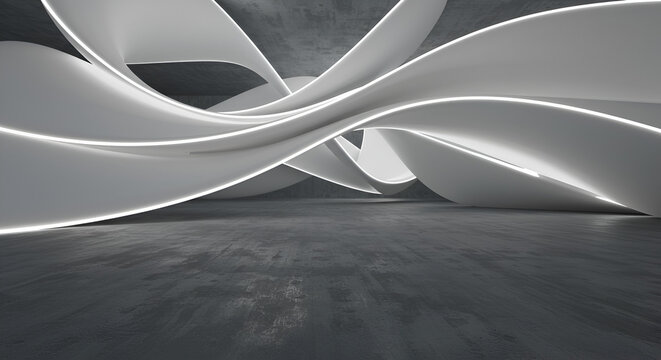 Abstract concrete interior with illuminated flowing curved white sculptural forms