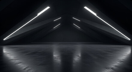 Aufkleber - Abstract dark futuristic space with glowing neon lights and reflective concrete floor