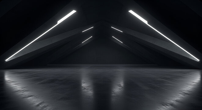 Abstract dark futuristic space with glowing neon lights and reflective concrete floor