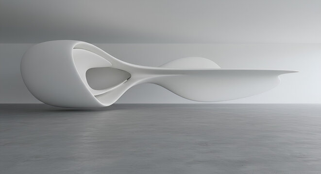Abstract futuristic white sculpture in minimalist interior design concept 3d rendering