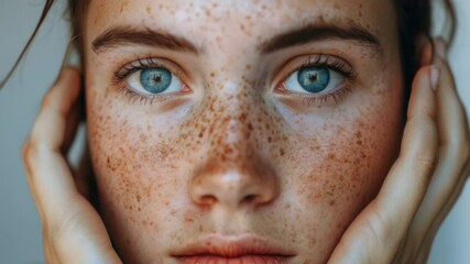Poster - A close-up portrait of a woman with distinct freckles on her face, suitable for use in personal or commercial projects