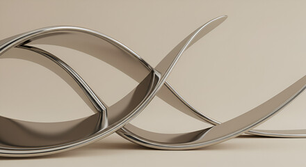 Poster - Abstract metal structure with curved elements reflecting light in a beige space