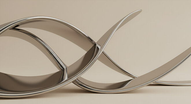 Abstract metal structure with curved elements reflecting light in a beige space