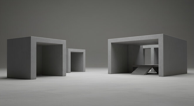 Architectural minimalist abstract structures gray concrete under neutral studio light