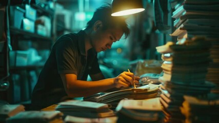 Poster - A person studying or researching surrounded by bookshelves