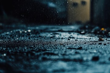 Poster - Rain drops create a shimmering effect on the asphalt during a heavy downpour in an urban setting, During a downpour the rain drops falling on the asphalt road dirty wet weather