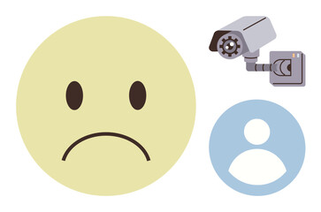 Poster - Sad face symbol alongside a surveillance camera and user silhouette explores themes of privacy, surveillance, and emotional impact. Ideal for data privacy, security, ethics, monitoring, emotion