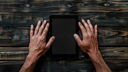Poster - A person is using a tablet computer on a wooden table, suitable for office or educational use