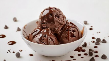 Aufkleber - A photo of a delicious dessert with three scoops of chocolate ice cream in a bowl