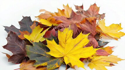 Poster - A pile of yellow and red leaves on a white surface, great for fall-themed designs