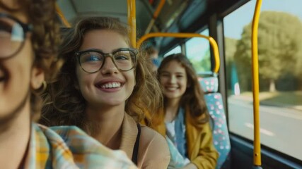 Poster - A group of people ride a bus down a city street