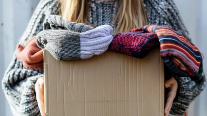 Aufkleber - A woman holding a box filled with colorful sweaters, great for shopping or gift ideas
