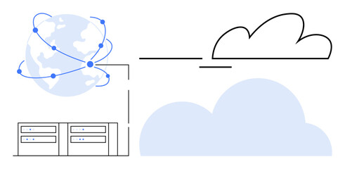 Poster - Cloud icon connected to a global network, linked to two server units illustrating data storage and transfer. Ideal for technology, cloud computing, big data, internet, networking, innovation, secure
