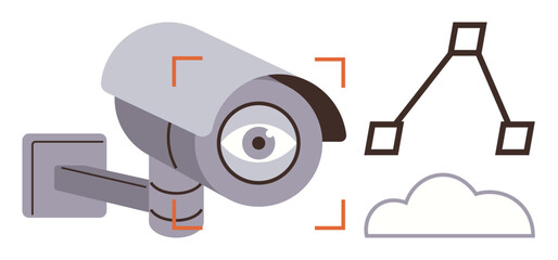 Poster - Gray surveillance camera with focus highlights, cloud icon, and network lines representing monitoring, data storage, and connectivity. Ideal for security, privacy, technology, cybersecurity smart