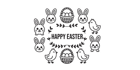 Poster - Happy easter illustration featuring bunnies chicks and easter basket in a circular arrangement