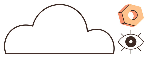 Poster - Cloud outline paired with eye symbol and orange hexagon. Ideal for technology, innovation, vision, cloud computing, security, creativity, and futuristic concepts. Minimalist flat metaphor