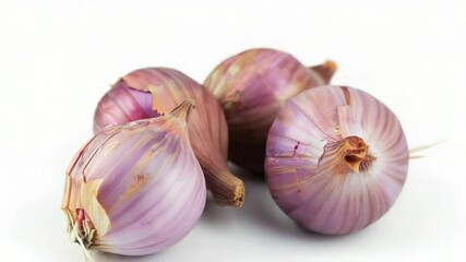 Poster - Fresh purple onions arranged on a clean white surface, perfect for food and cooking illustrations