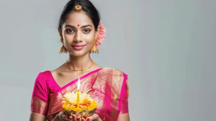 Aufkleber - A woman holds a candle while wearing a pink sari, ideal for use in warm and cozy scenes or cultural celebrations