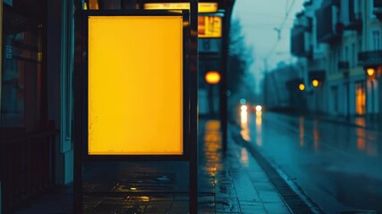 Poster - A bus stop with a yellow sign on the side of the road, suitable for public transportation or urban themes