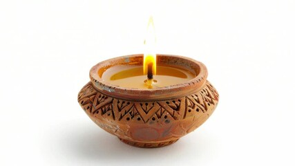 Poster - A lit candle inside a clay pot on a white surface, perfect for decorative or inspirational purposes