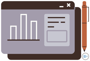  - Bar chart, text boxes on open browser window, pen, and video conferencing icon. Ideal for analytics, data, creativity, workflow, statistics collaboration and simple flat metaphor
