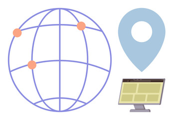 Poster - Globe with network points, a location pin icon, and a desktop interface screen representing global reach, navigation, and technology. Ideal for networking, digital business, mapping, globalization