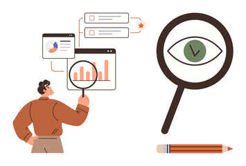 Poster - Person inspecting bar charts, graphs, green eye through magnifying glass, pencil below. Ideal for data analysis, research, evaluation, statistics, business planning learning simple flat metaphor
