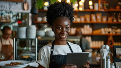 Poster - A woman wearing an apron holds a tablet computer, ready for work or learning