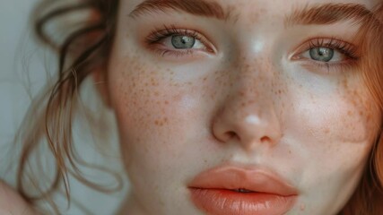 Poster - Close-up portrait of a woman with distinctive freckles on her face