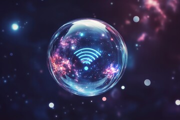 Poster - WiFi extender floating in a bubble within a vibrant galaxy backdrop, WiFi extender in bubble, floating in space, galaxy background
