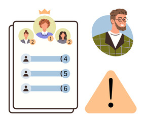Poster - Leadership board with ranked avatars, a crown for top rank, male portrait in profile, and warning triangle. Ideal for leadership, teamwork, caution, evaluation, ranking analytics simple flat