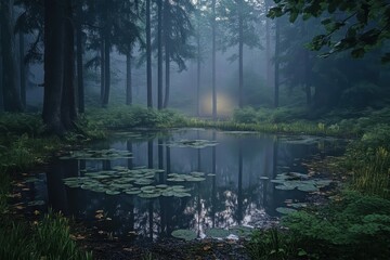 Poster - Evening rain creates ripples on a woodland pool surrounded by trees and mist, Rain On Shallow Woodland Pool In The Evening