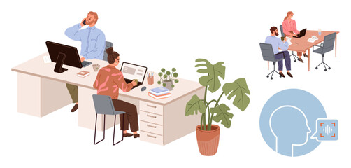 Poster - Office workers using computers and discussing ideas at desks, colleagues sharing strategies in a meeting, digital communication concept. Ideal for teamwork, business, collaboration, ideas