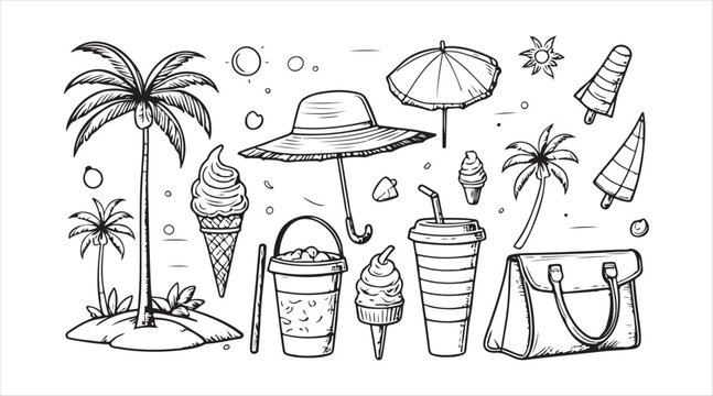 Beach doodle set. Summer holiday, sun, palm tree, umbrella, ice cream, sandals, bag, straw hat. Hand-drawn thin line art vector illustration. Isolated simple element.