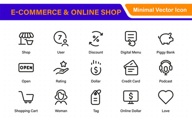 Poster - E-Commerce set of web icons in line style. Online shopping icons for web and mobile app. Business, mobile shop, digital marketing, bank card, gifts, sale, delivery. Vector illustration