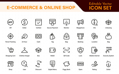 Poster - E-Commerce set of web icons in line style. Online shopping icons for web and mobile app. Business, mobile shop, digital marketing, bank card, gifts, sale, delivery. Vector illustration