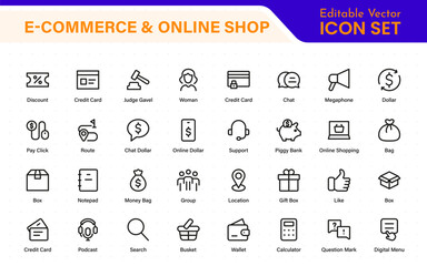 Poster - E-Commerce set of web icons in line style. Online shopping icons for web and mobile app. Business, mobile shop, digital marketing, bank card, gifts, sale, delivery. Vector illustration