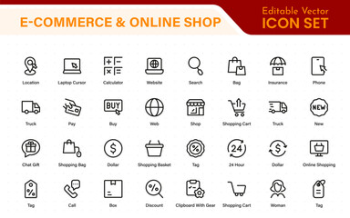 Poster - E-Commerce set of web icons in line style. Online shopping icons for web and mobile app. Business, mobile shop, digital marketing, bank card, gifts, sale, delivery. Vector illustration